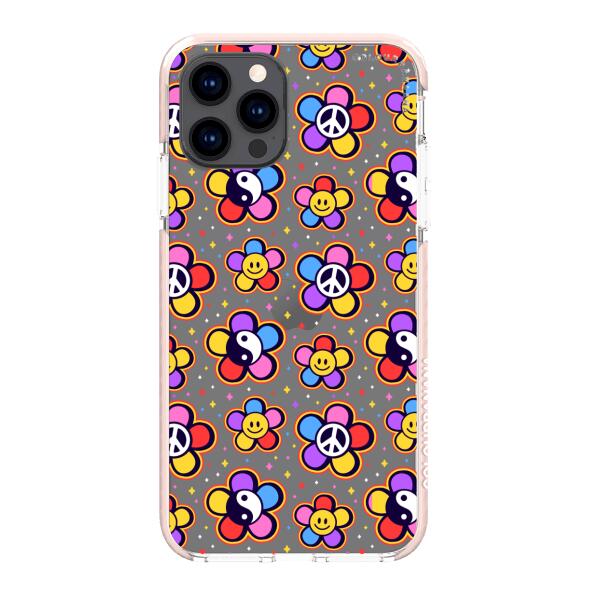 iPhone 手機殼 - 嬉皮 80 年代時尚蘑菇雛菊和平彩虹